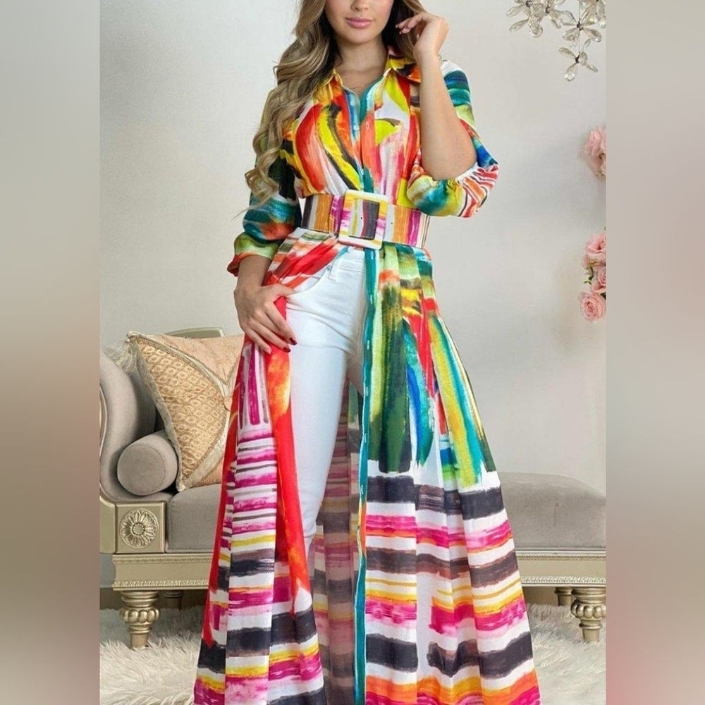Colorful Printed 3/4 Sleeve Shirt Dress Stand Collar Belt Long
